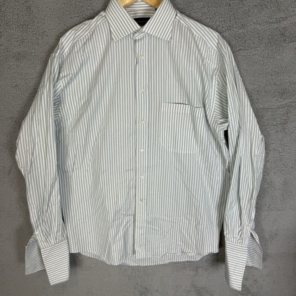 Canali Shirt Mens L (39 15.5) White Striped Button Up Long Sleeve French Cuff